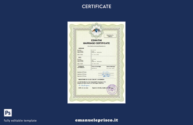 Certificato di matrimonio Eswatini in stile verificato Modello Word e PDF